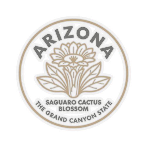 Circular decal showing Arizona text around a saguaro cactus blossom, beige on clear vinyl.