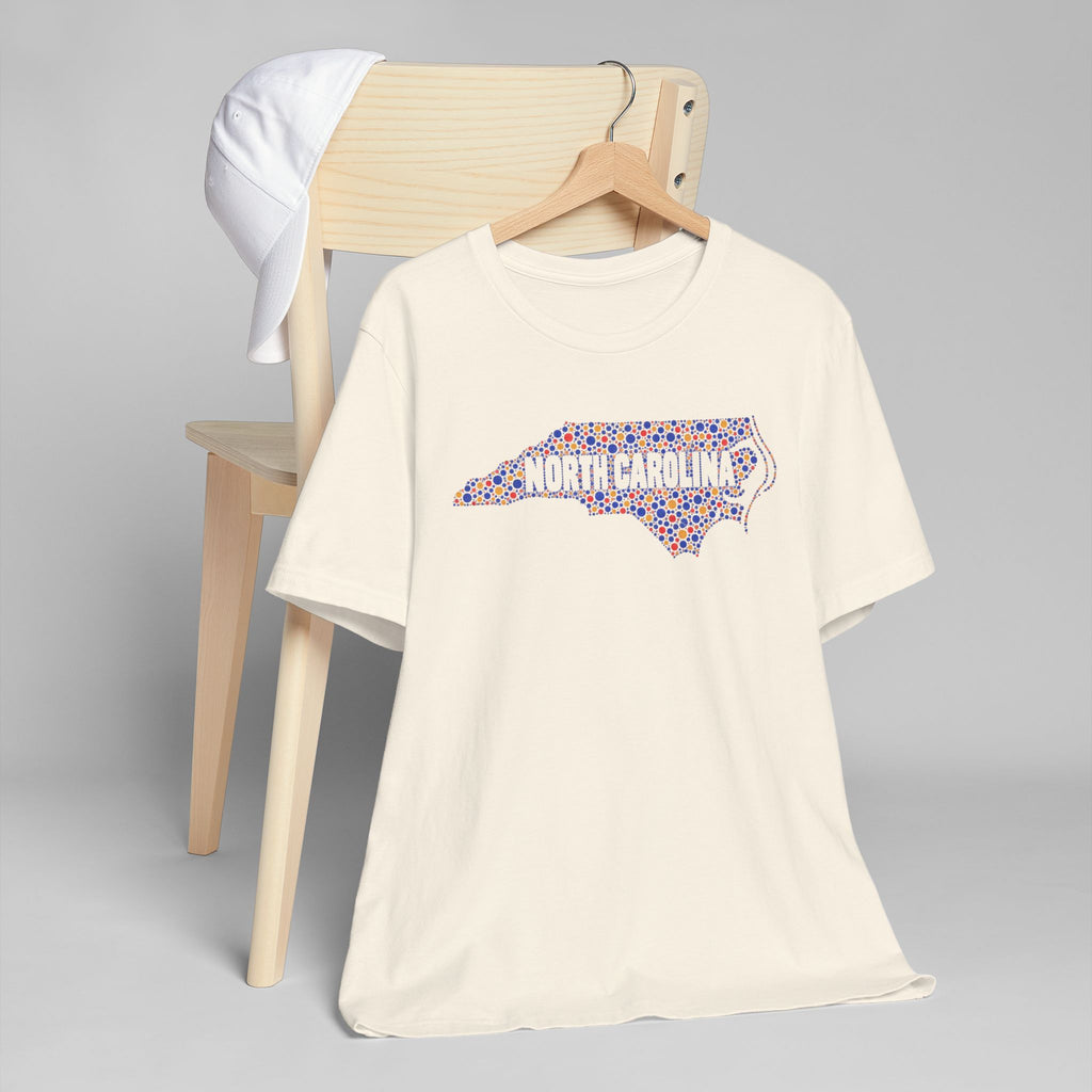 Natural crewneck T-shirt with colorful North Carolina floral map graphic