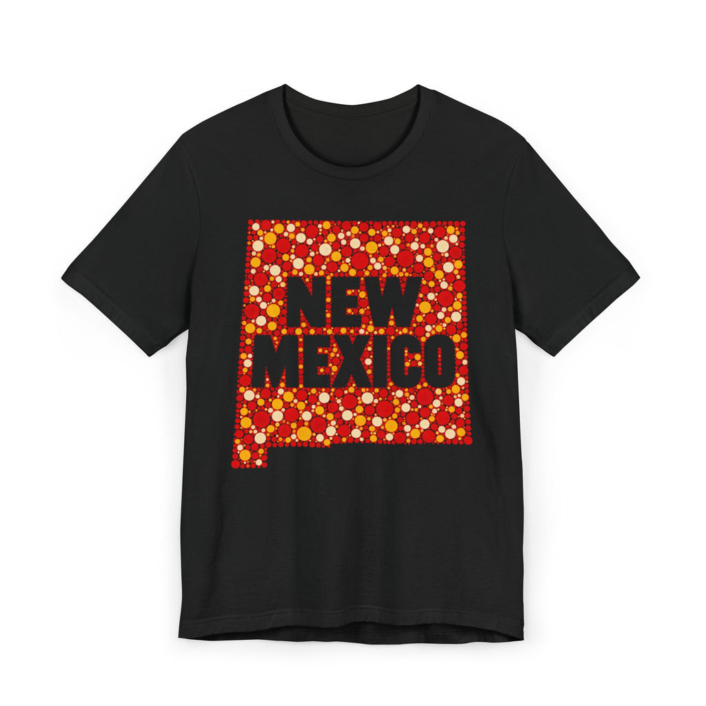 Dark black short-sleeve T-shirt with colorful “New Mexico” patterned graphic front.