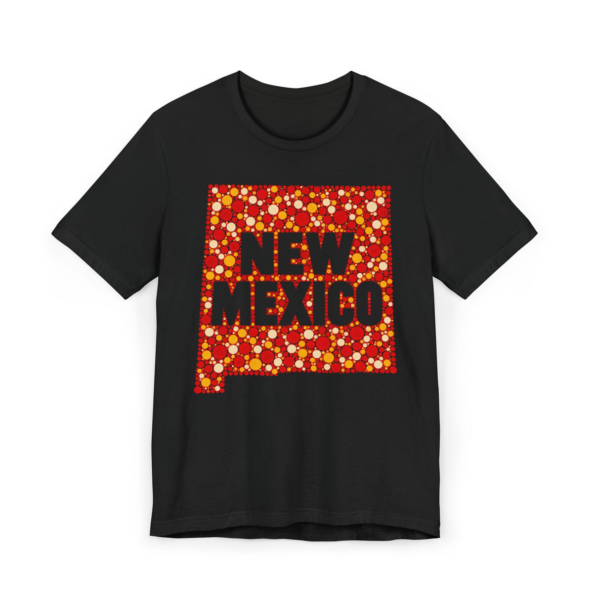 Dark black short-sleeve T-shirt with colorful “New Mexico” patterned graphic front.