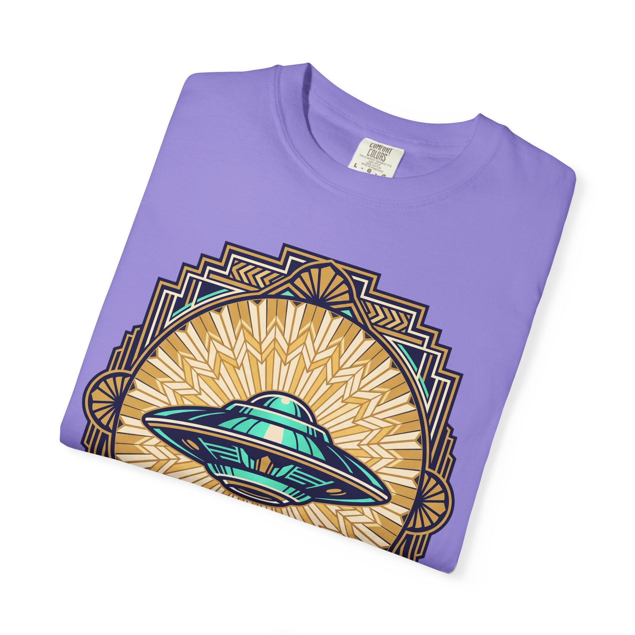 Purple T-shirt with retro UFO graphic inside sunburst emblem