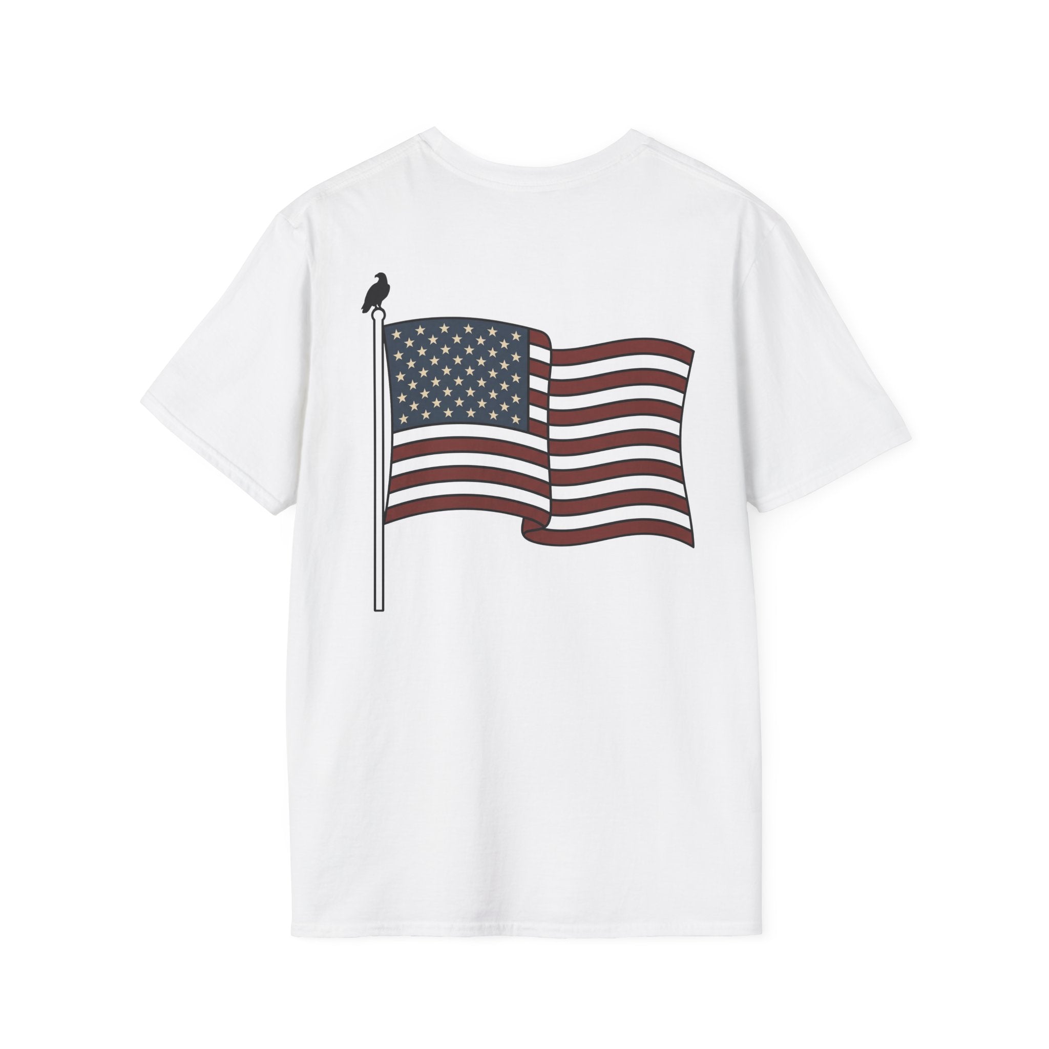 White t-shirt with American flag graphic on the front