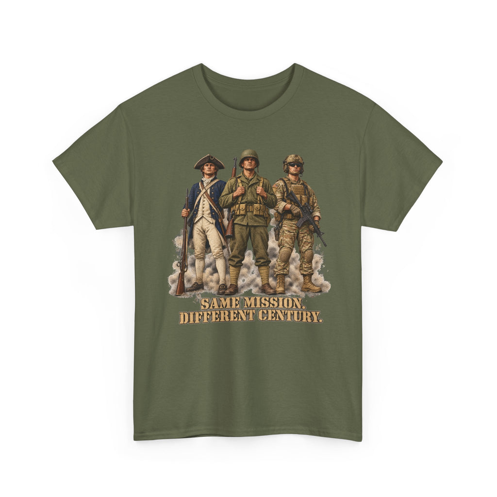Military green graphic soldiers T-shirt with bold text "Same Mission Different Century."