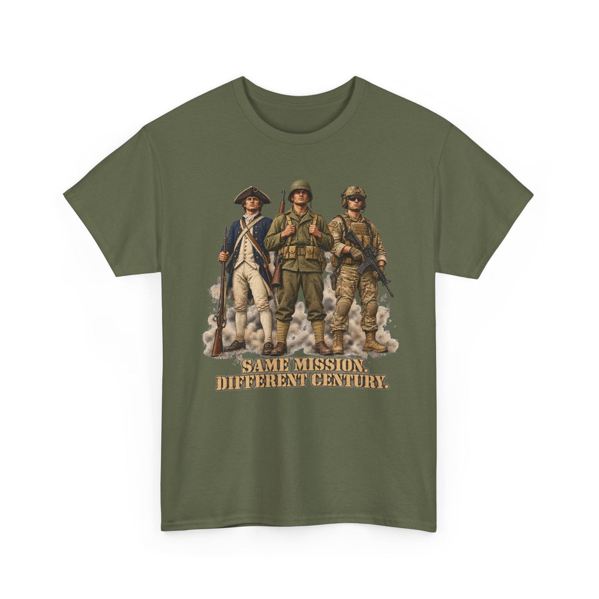 Military green graphic soldiers T-shirt with bold text "Same Mission Different Century."