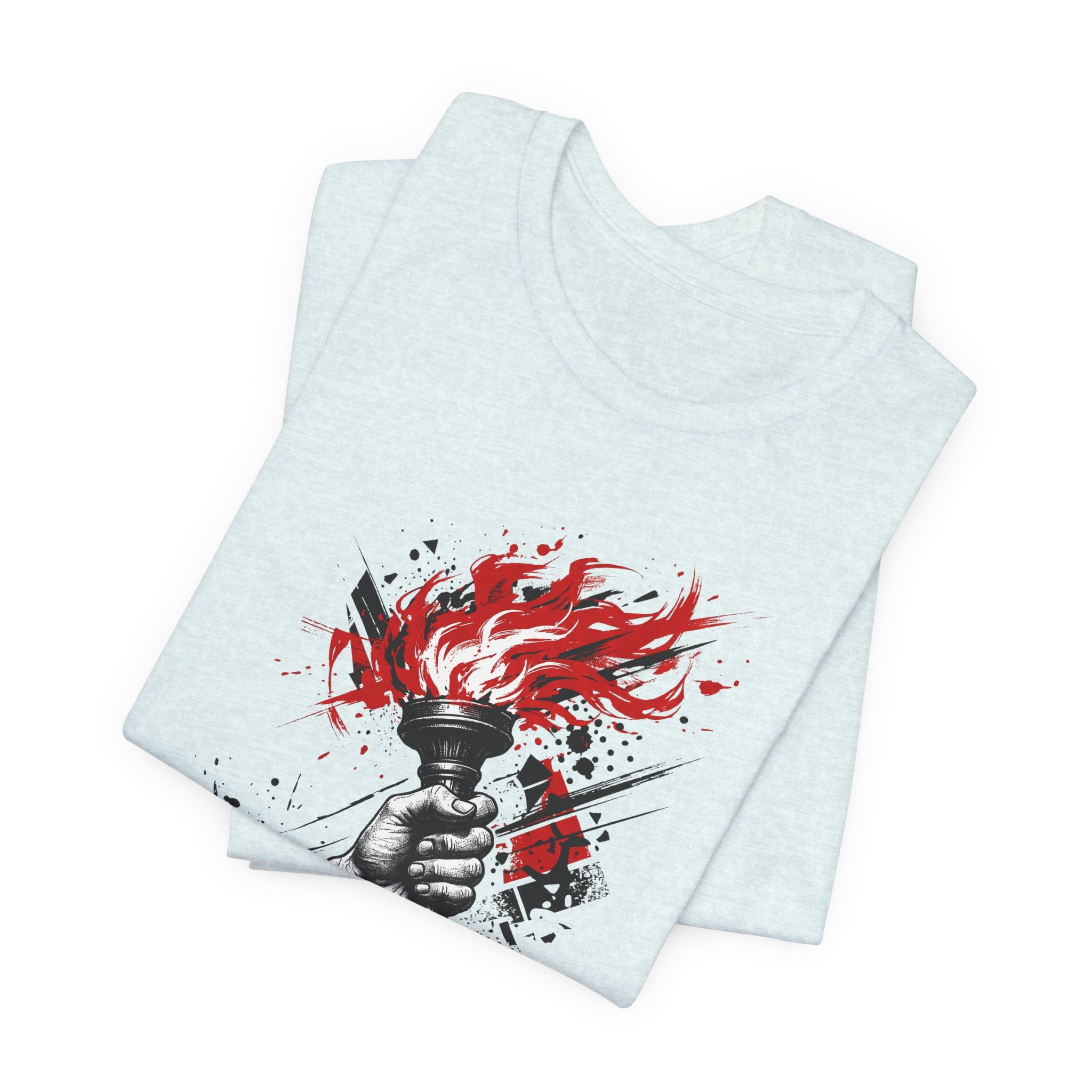 Light blue graphic t-shirt with red flame torch statue print on front