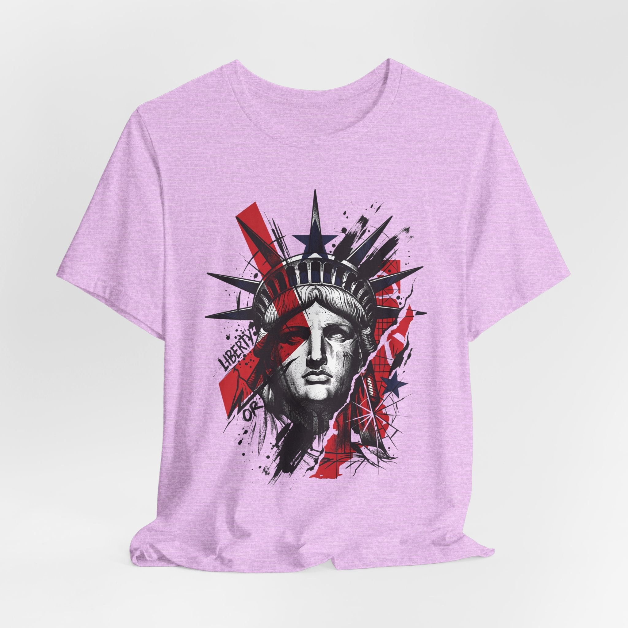 Light purple graphic T-shirt with Liberty statue head portrait center, red and black