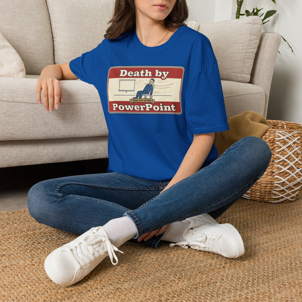Royal blue T-shirt with "Death by PowerPoint" graphic, worn with jeans