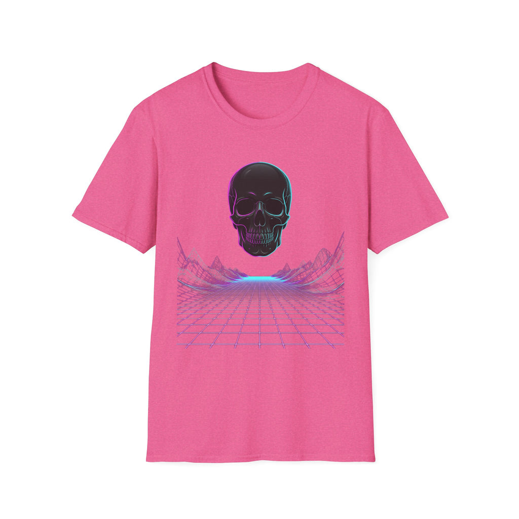 Neon skull T-shirt, hot pink front with neon skull and purple grid line design