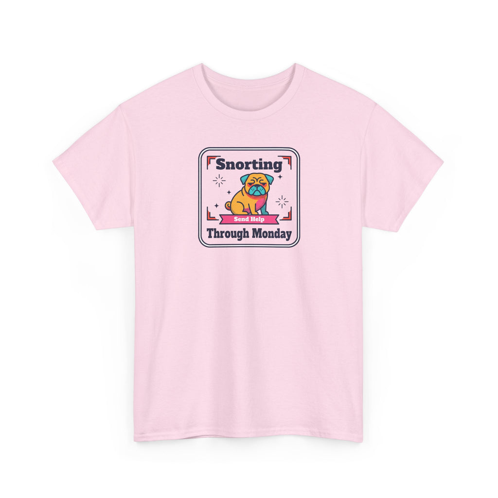 Light pink crewneck T-shirt with sloth 'Snorting Through Monday' graphic