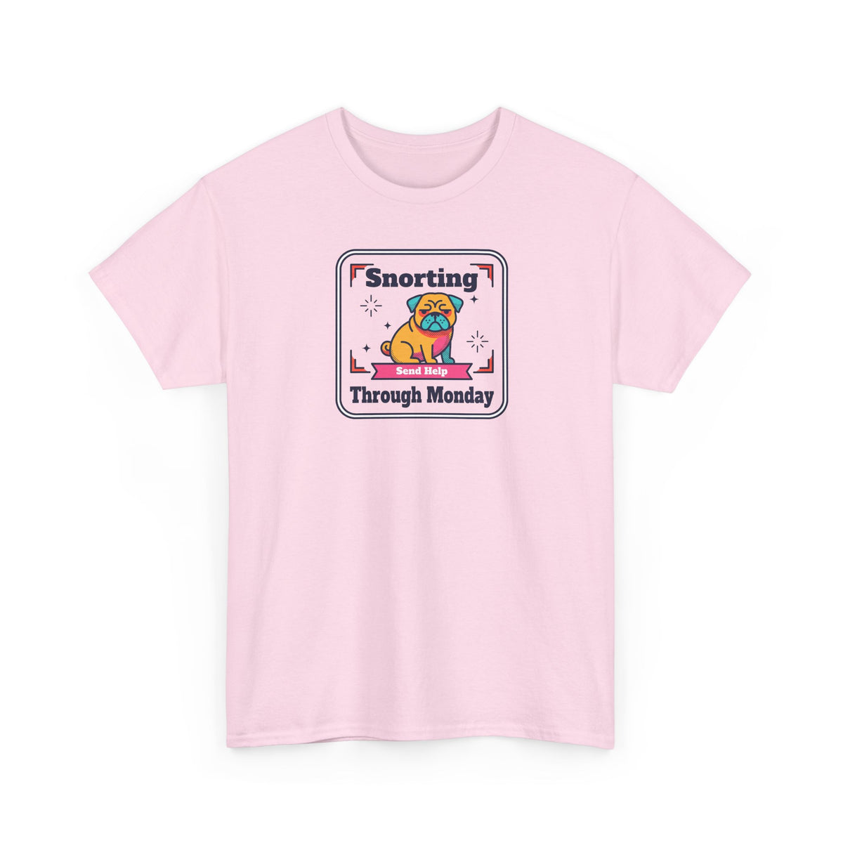 Light pink crewneck T-shirt with sloth 'Snorting Through Monday' graphic