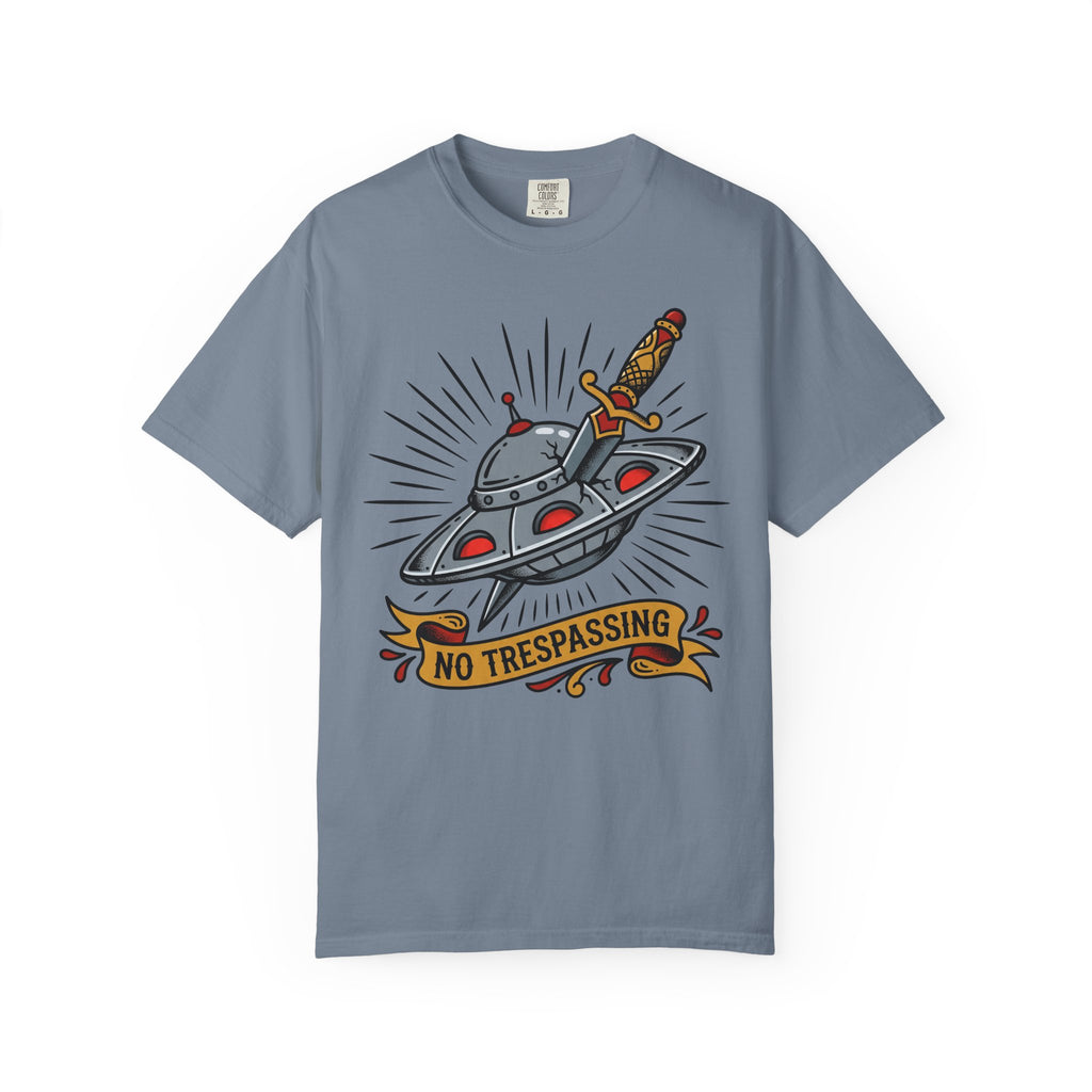 Dusty blue tee with UFO dagger graphic and 'No Trespassing'