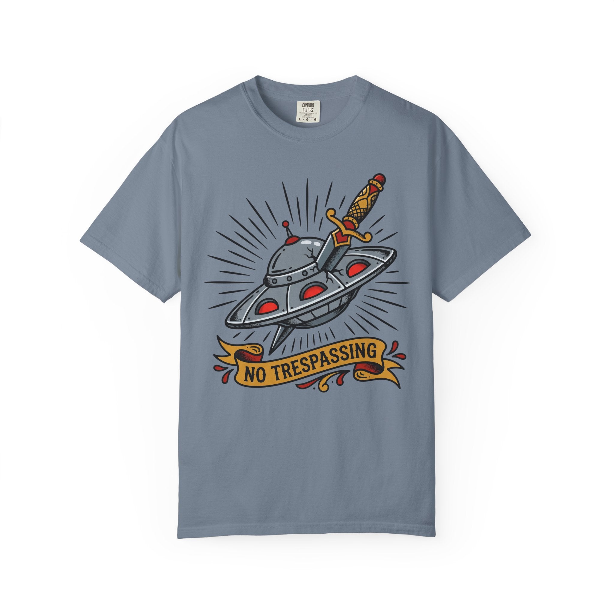 Dusty blue tee with UFO dagger graphic and 'No Trespassing'