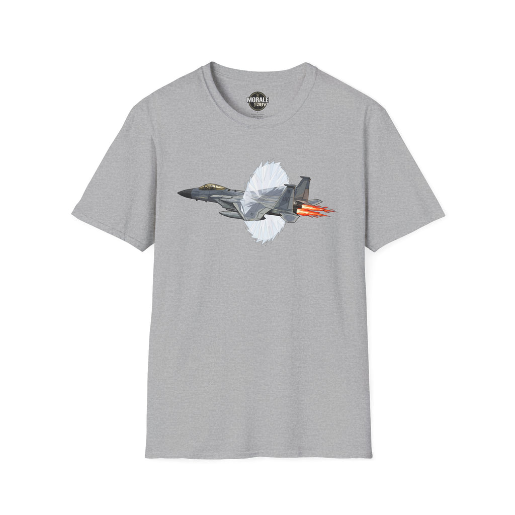 Heather gray T-shirt featuring fighter jet afterburner graphic with red-orange flames