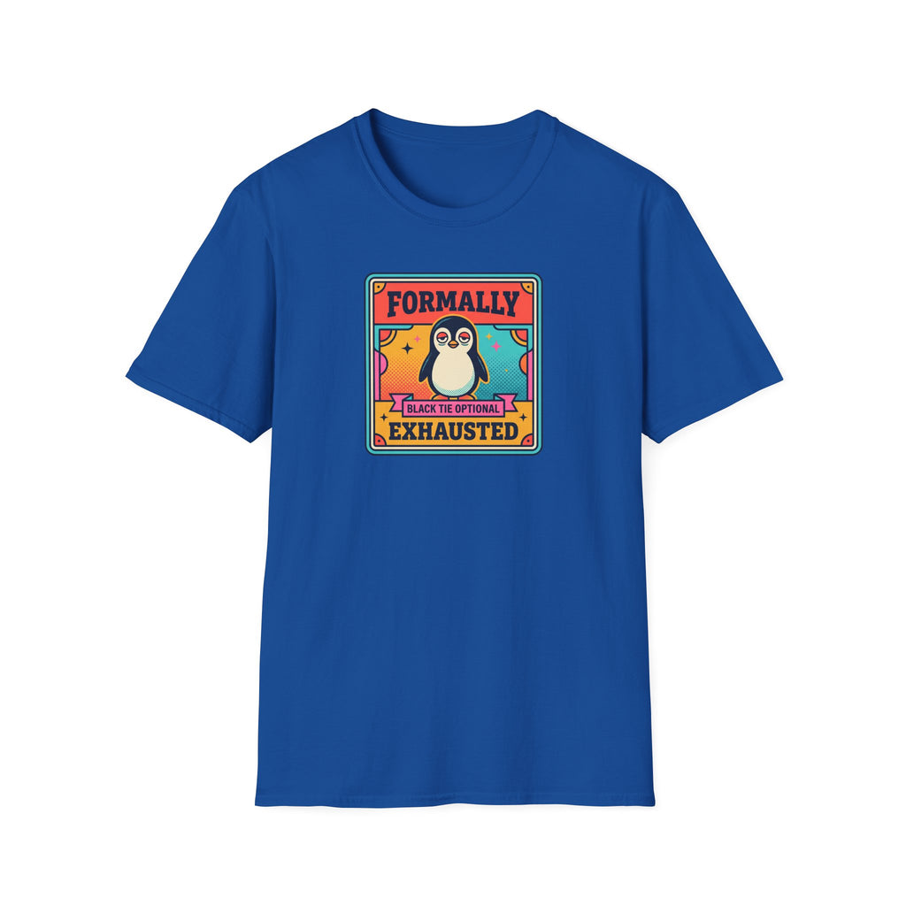 Royal blue short-sleeve T-shirt with penguin “Formally Exhausted” front graphic