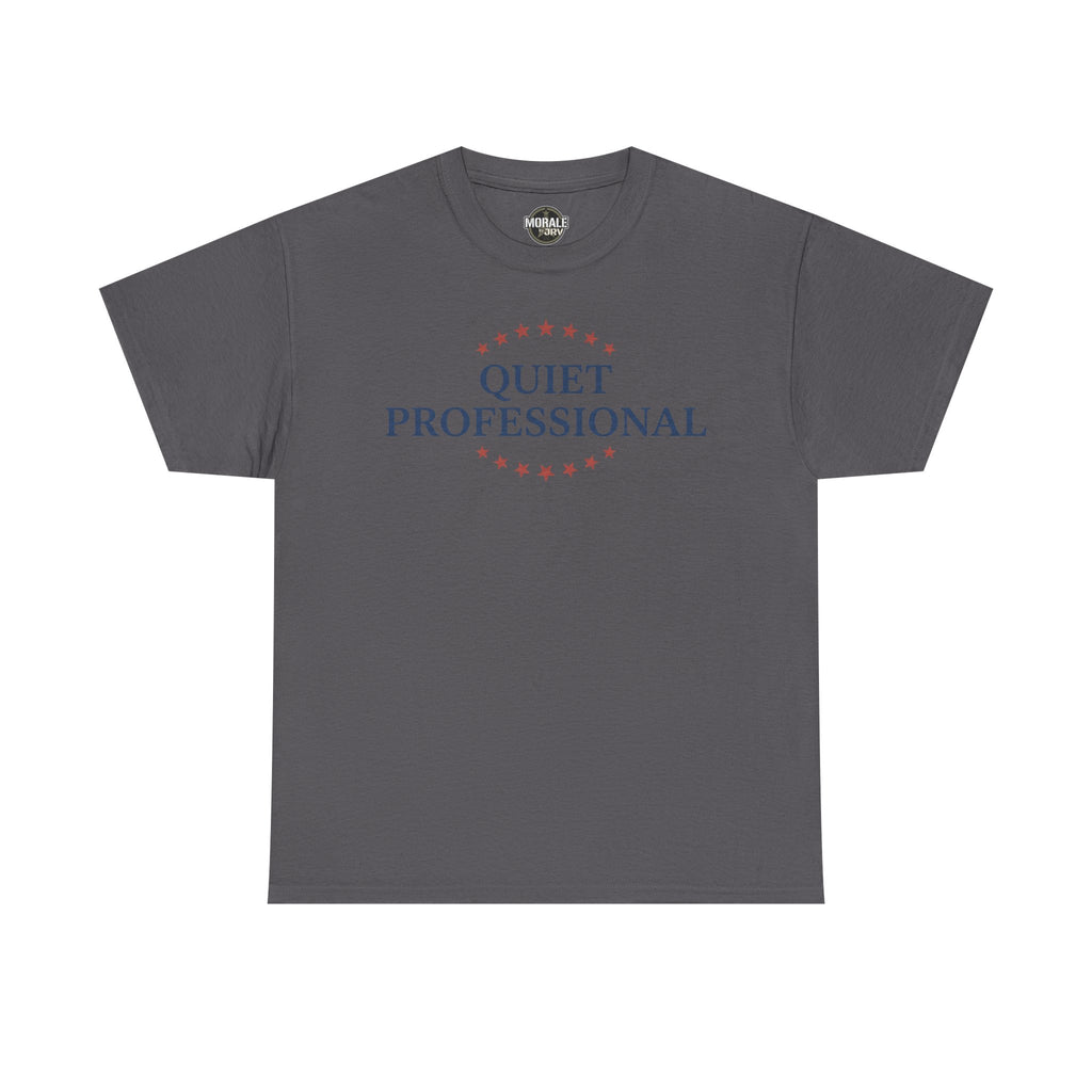 Charcoal crew-neck t-shirt with red star circle and “QUIET PROFESSIONAL” graphic