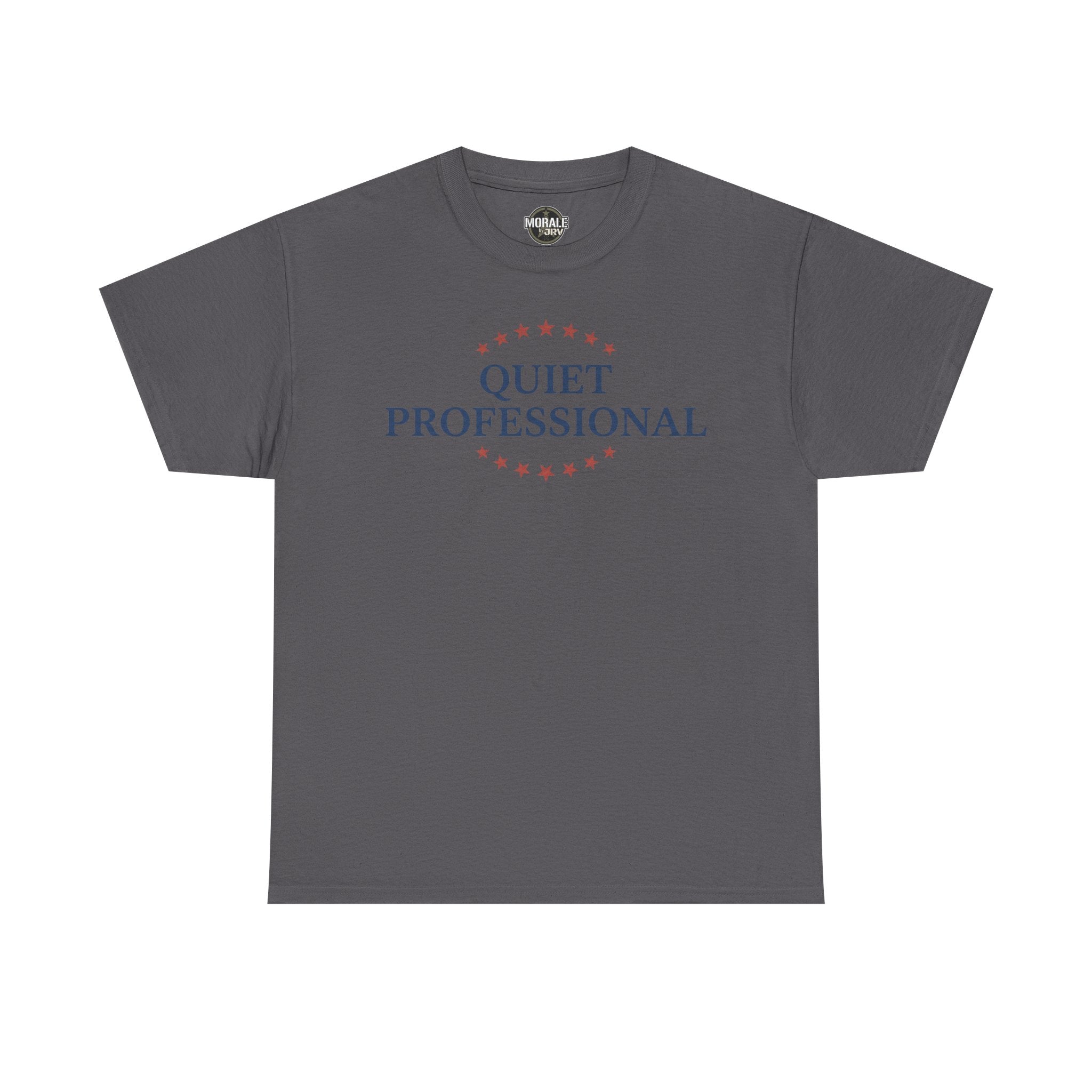 Charcoal crew-neck t-shirt with red star circle and “QUIET PROFESSIONAL” graphic