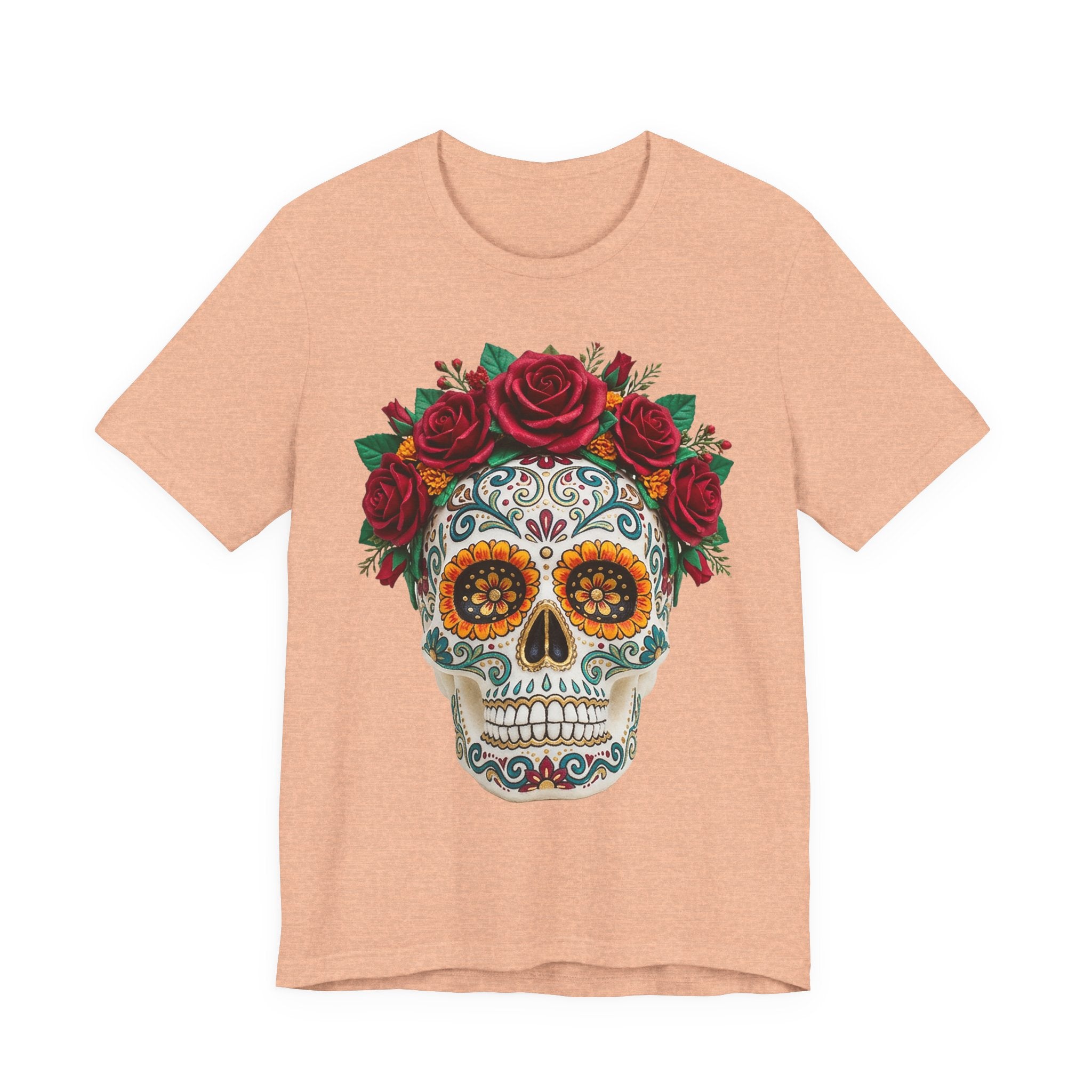 Light tan T-shirt with sugar skull and red rose crown graphic