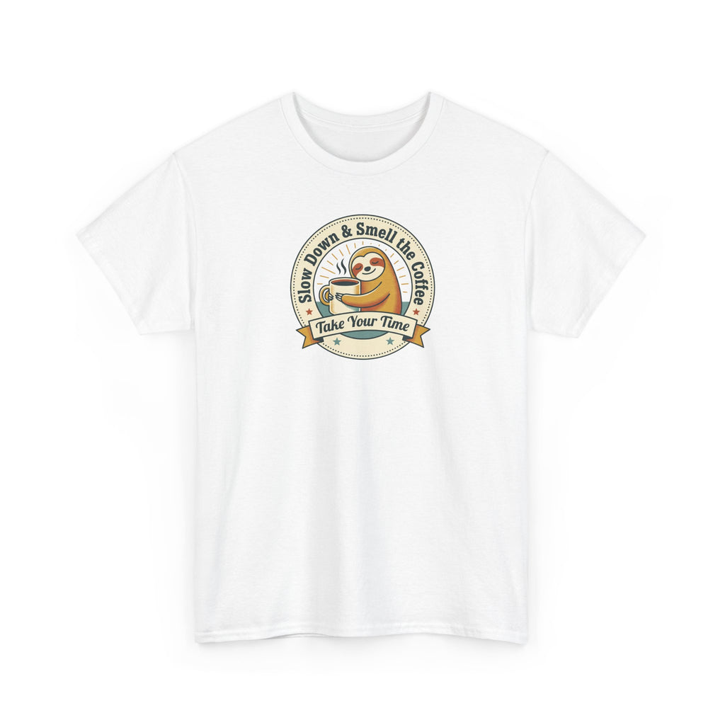 White short-sleeve T-shirt with sloth coffee circular graphic on front