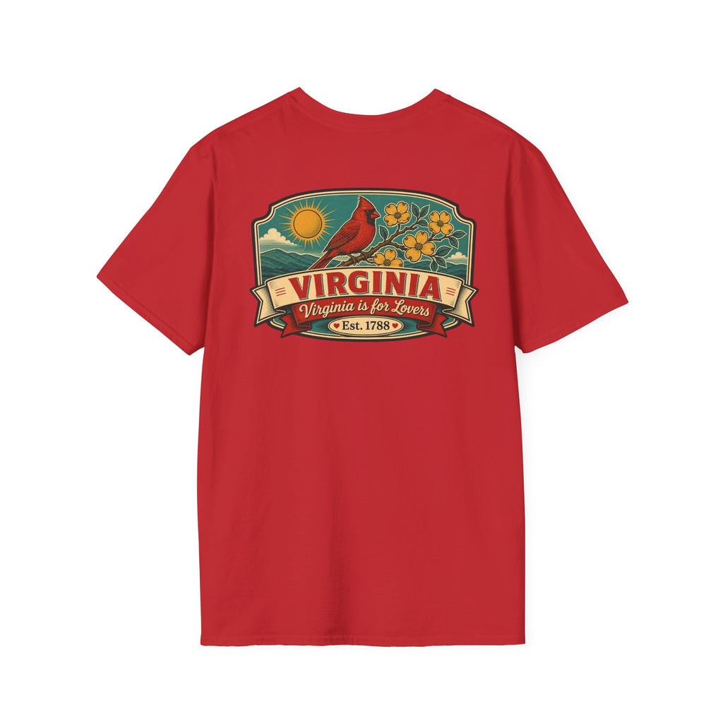 Red T-shirt with Virginia travel graphic and cardinal bird print