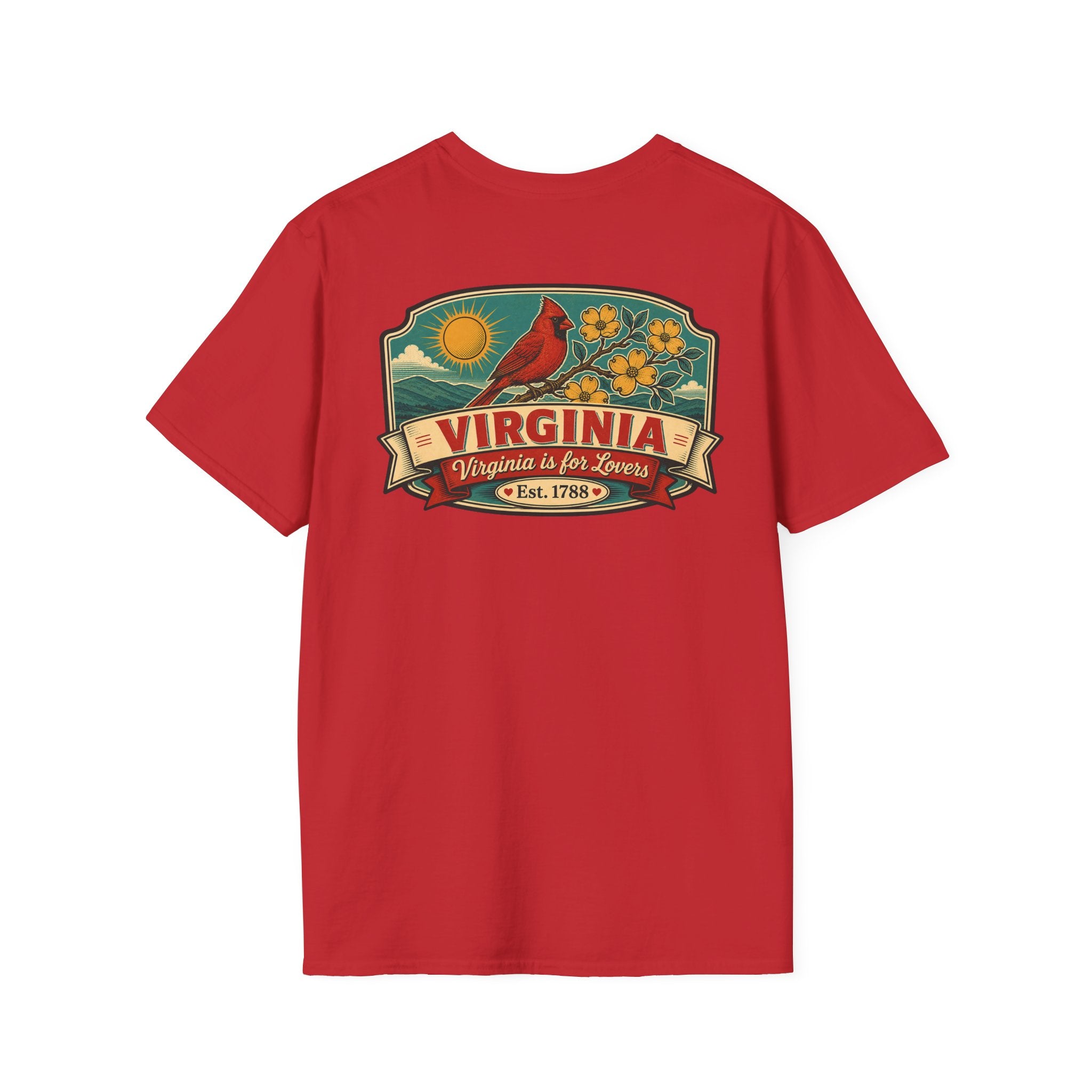 Red T-shirt with Virginia travel graphic and cardinal bird print