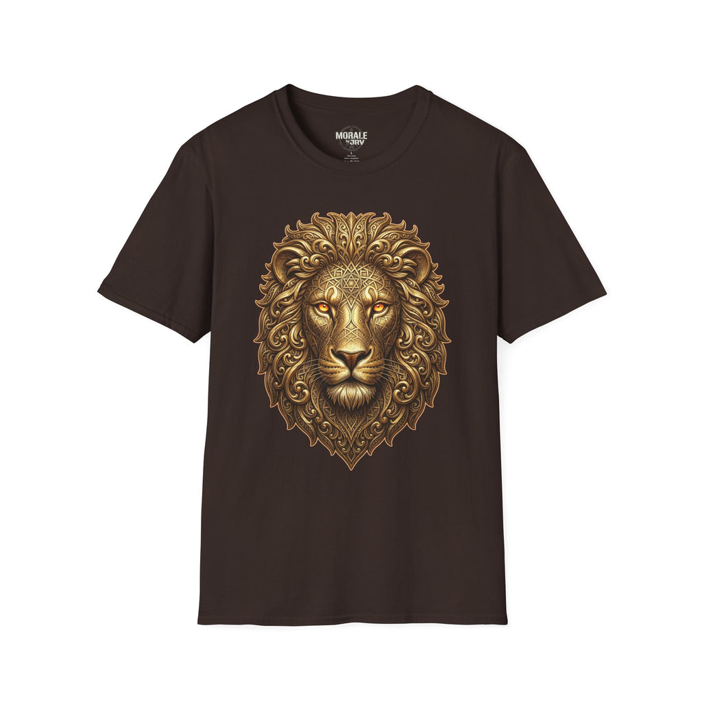 Ornate gold lion head t-shirt on dark brown fabric, lion portrait with crown