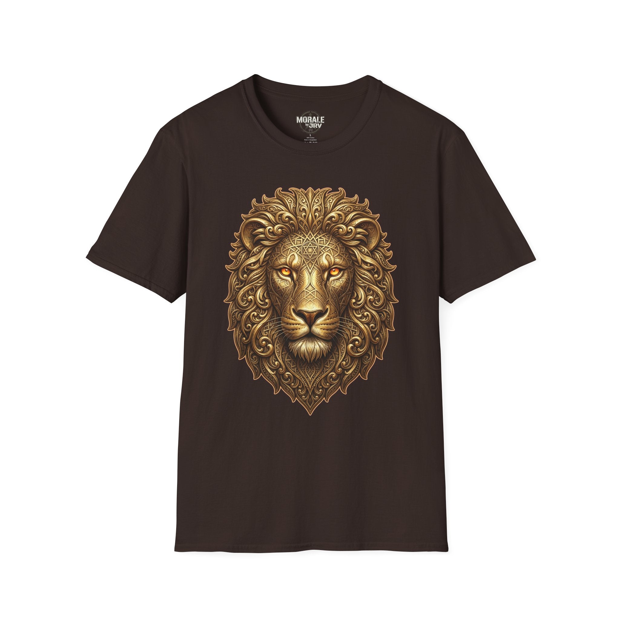 Ornate gold lion head t-shirt on dark brown fabric, lion portrait with crown