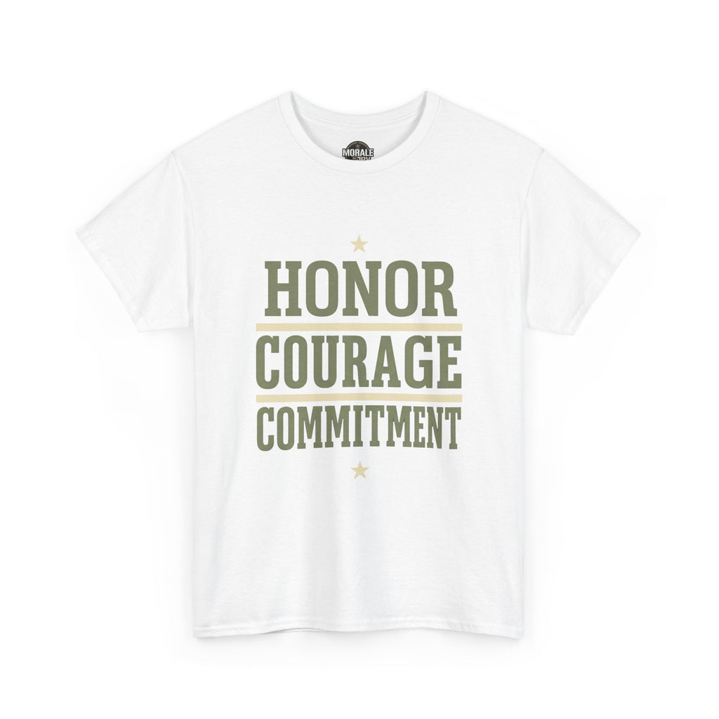 White T-shirt with “HONOR COURAGE COMMITMENT” text graphic and star accents