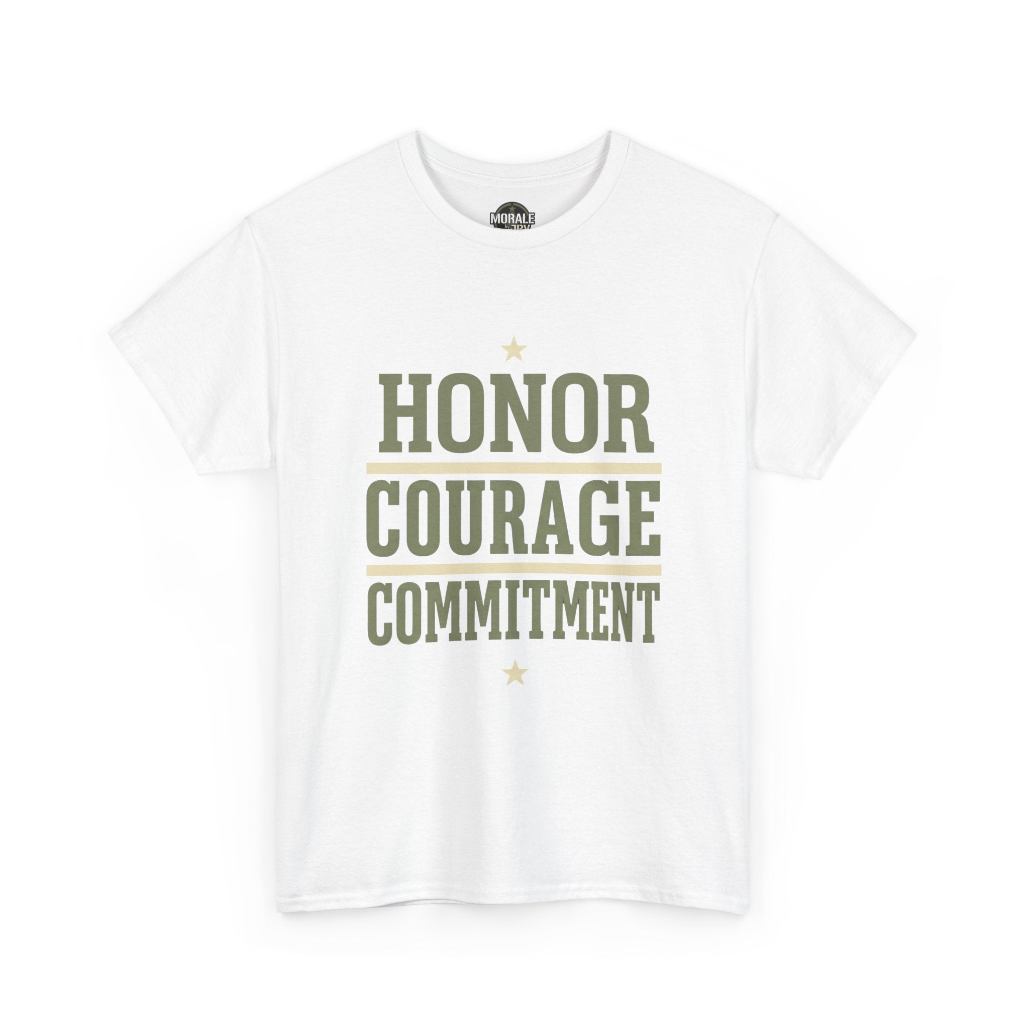 White T-shirt with “HONOR COURAGE COMMITMENT” text graphic and star accents