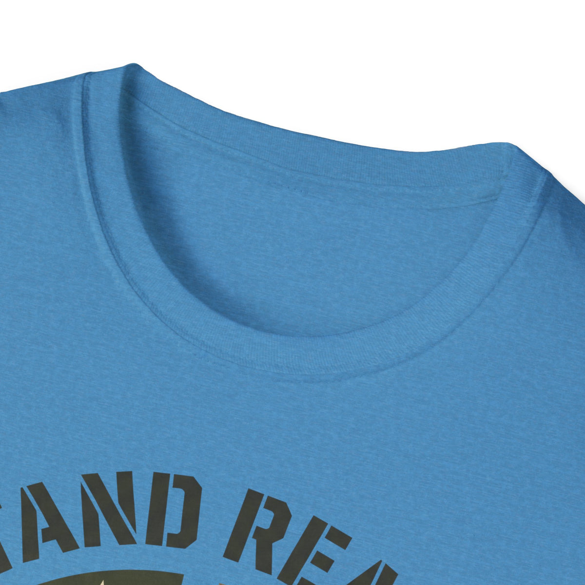 Blue crew-neck t-shirt with partial printed text on chest, short sleeves