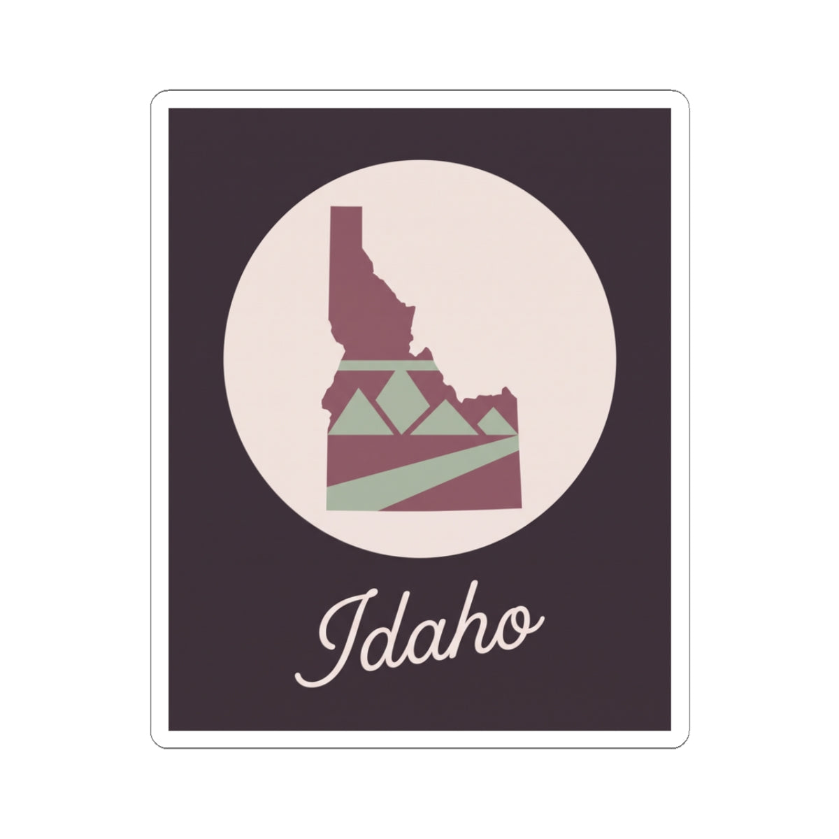 Mauve Idaho state silhouette vinyl decal with circular graphic and cursive 'Idaho' text