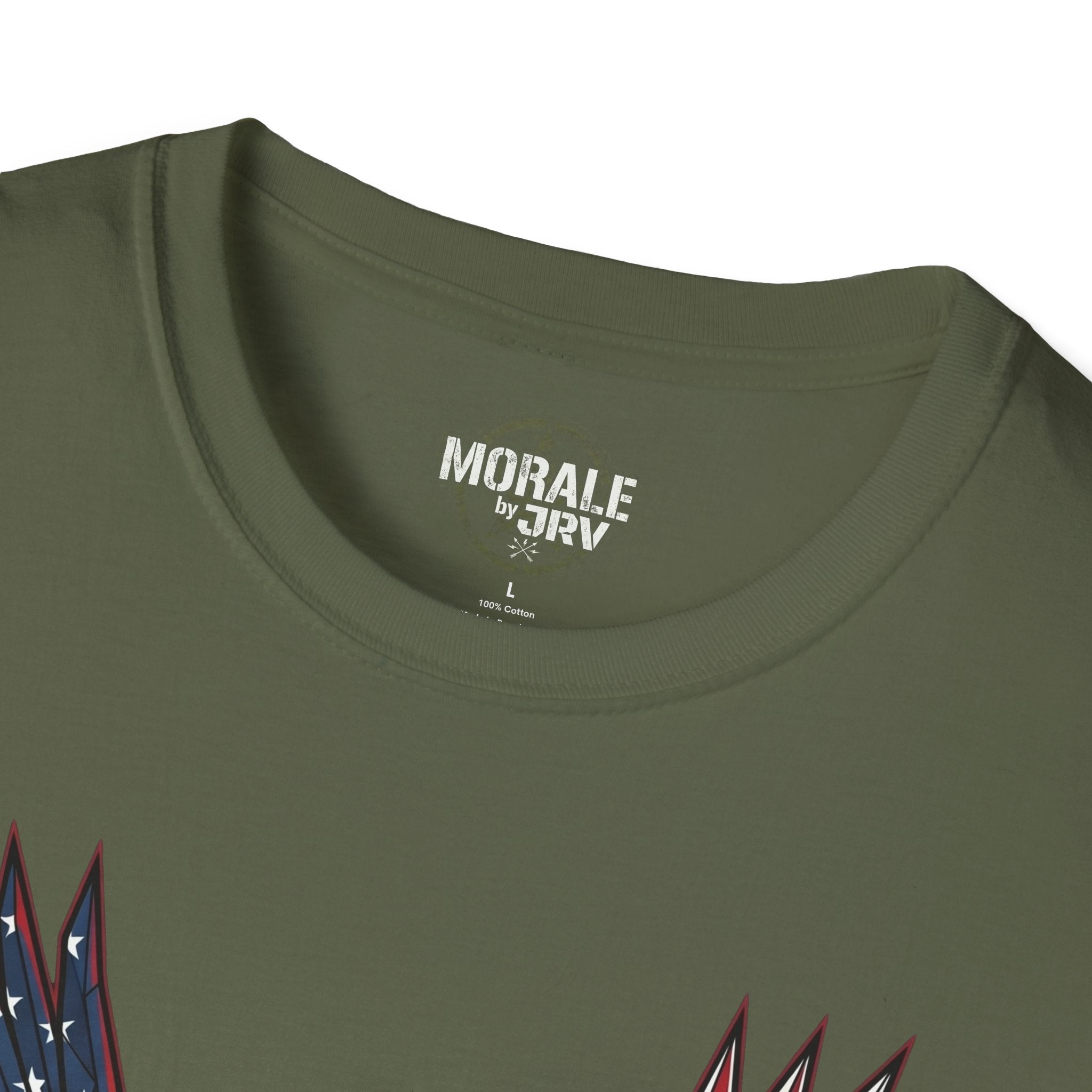 Military Green crew neck with printed neck label and fabric blend text