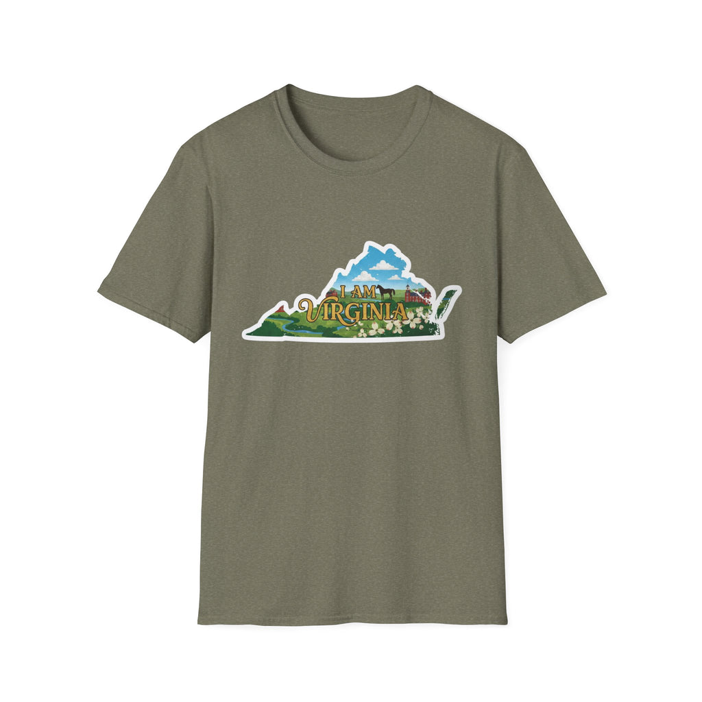 Heather Military Green t-shirt with “I AM VIRGINIA” scenic state outline graphic