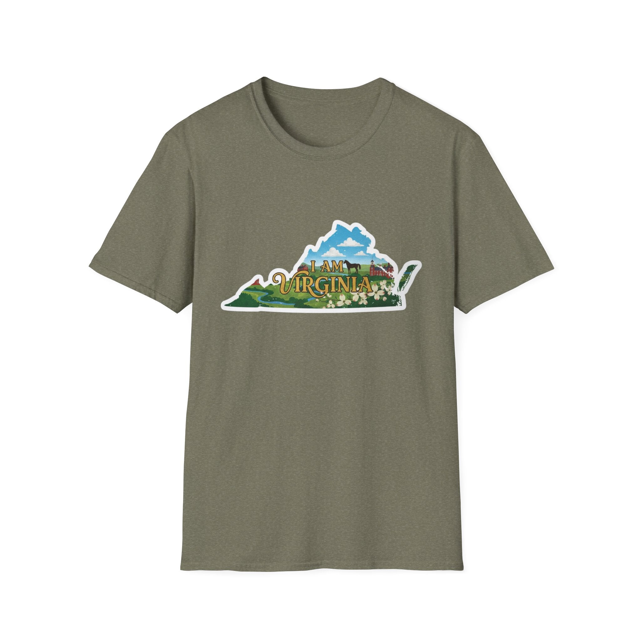 Heather Military Green t-shirt with “I AM VIRGINIA” scenic state outline graphic