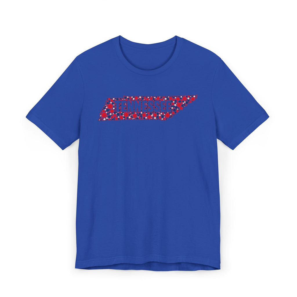 Royal blue T-shirt with 'Tennessee' floral map graphic across the chest