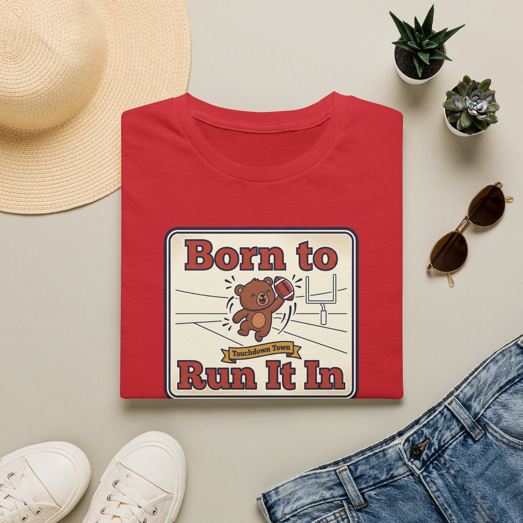 Red T-shirt with colorful bear “Born to Run It In” graphic on front