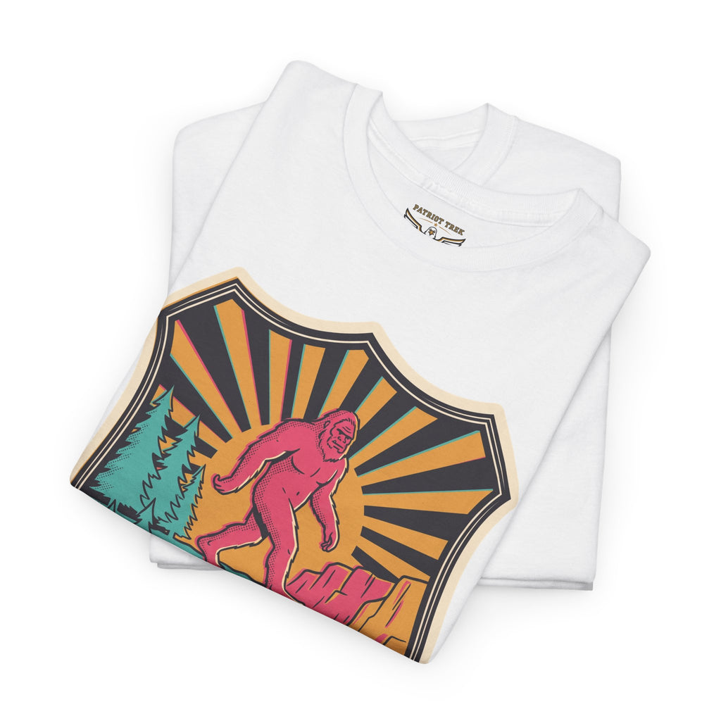 White T-shirt with large colorful desert monster patch graphic on front