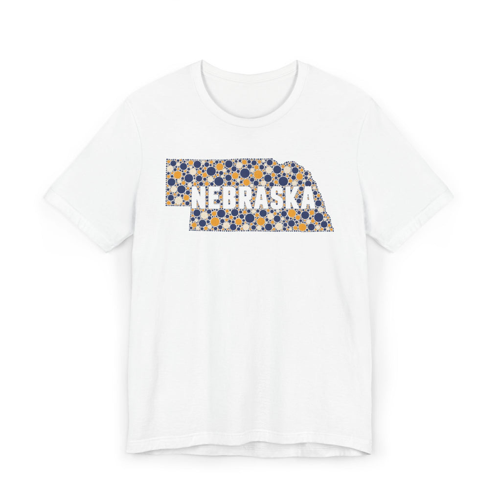 White tee with floral Nebraska outline graphic and NEBRASKA text