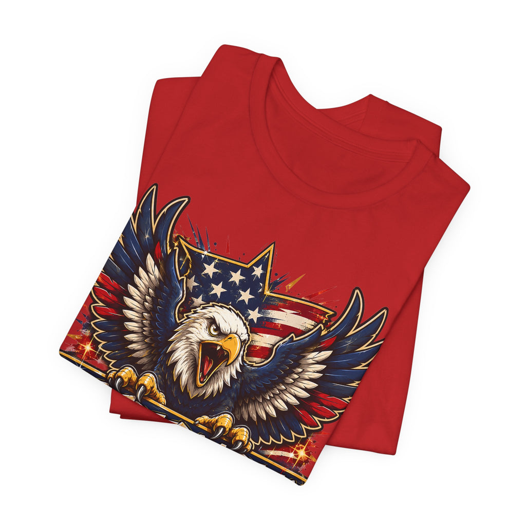 Red crewneck t-shirt with bald eagle graphic and stars-and-flag design