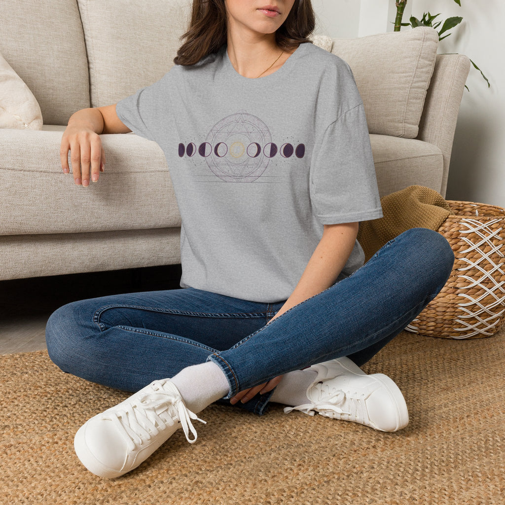 Moon phases T-shirt, light gray with purple lunar graphic across the chest
