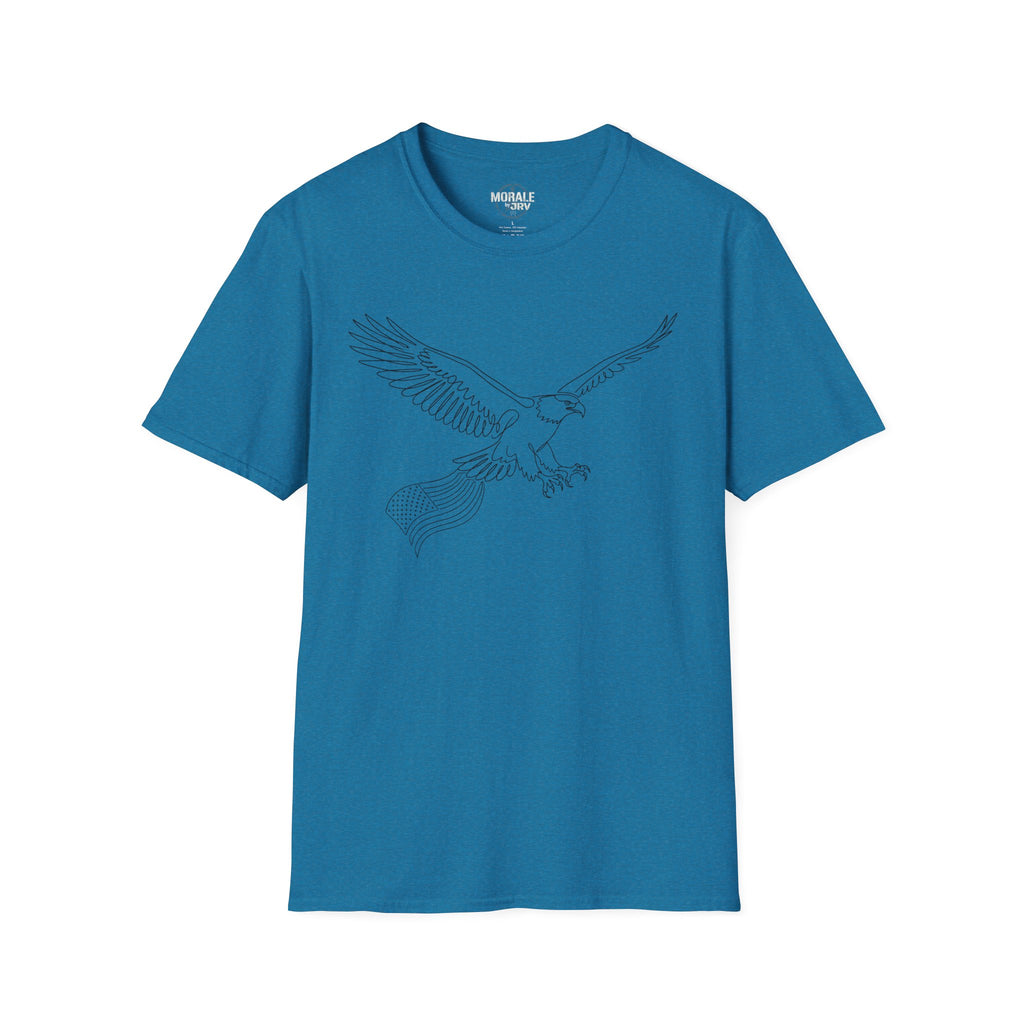 Blue t-shirt with minimalist soaring eagle line-art outline graphic on front.