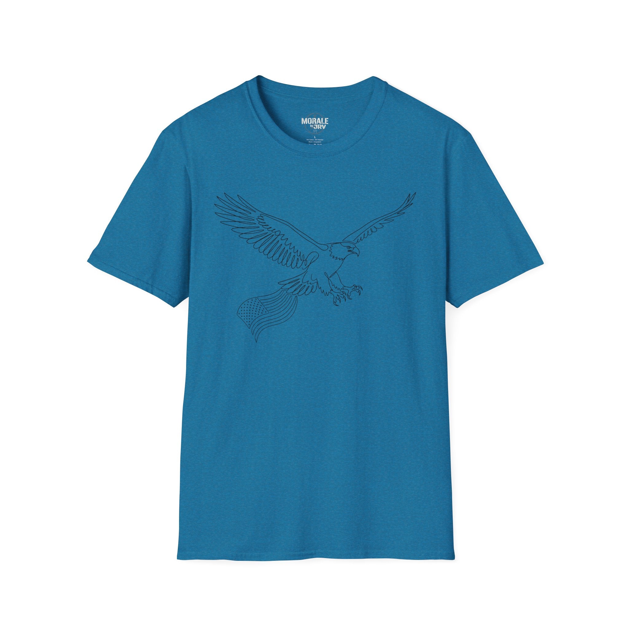 Blue t-shirt with minimalist soaring eagle line-art outline graphic on front.