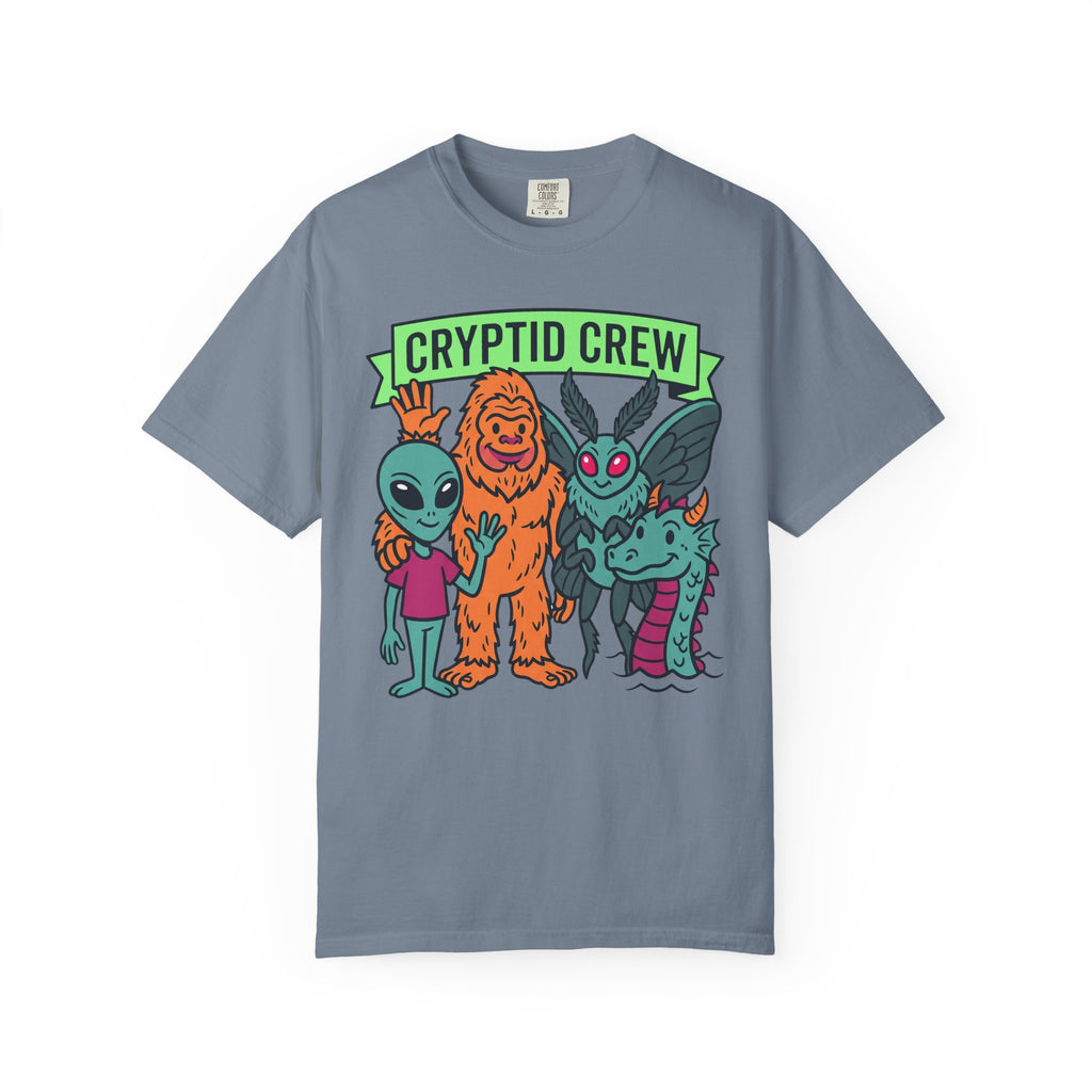 Blue-gray crew neck t-shirt with “CRYPTID CREW” cartoon cryptid group graphic
