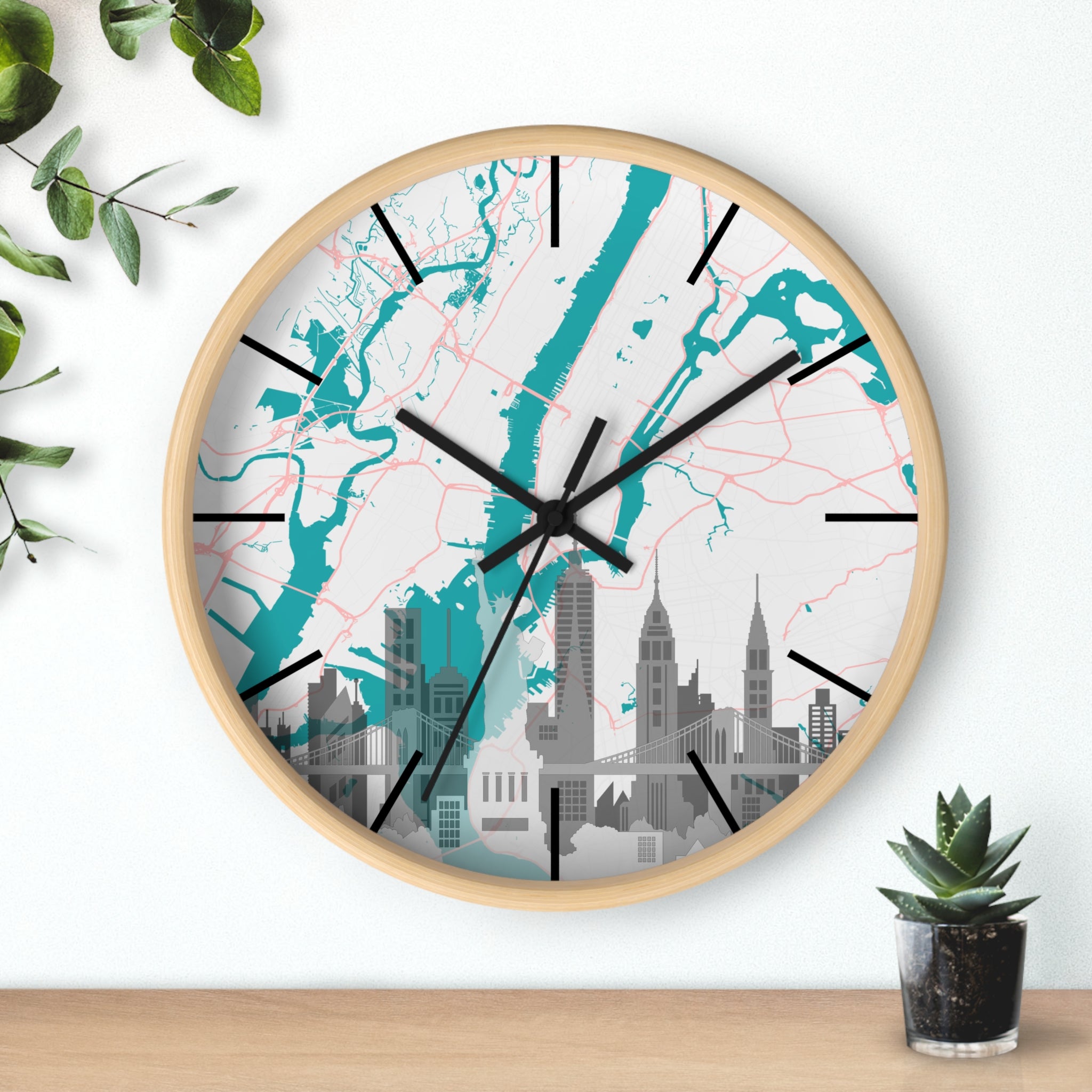 Teal river city map wall clock with black hands, wooden frame and skyline buildings