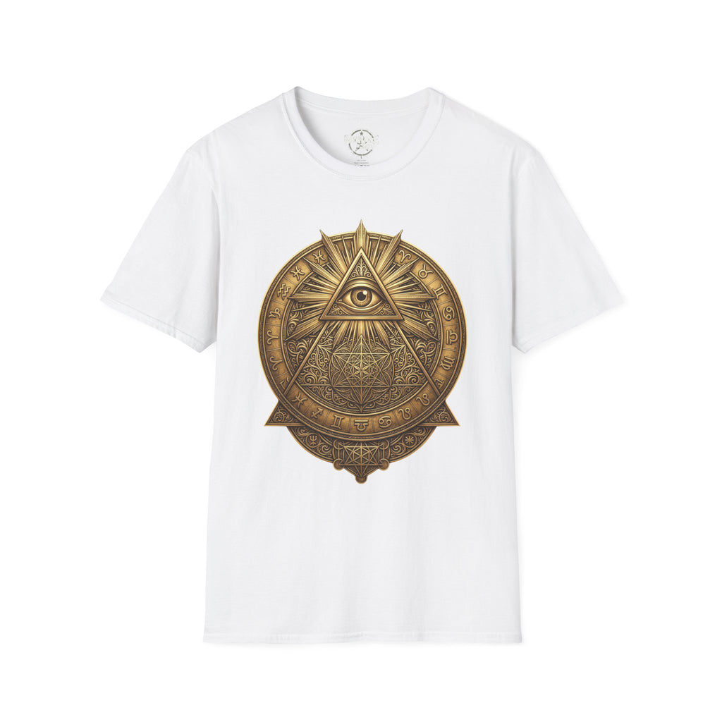 White t-shirt with gold all-seeing eye mandala pyramid graphic