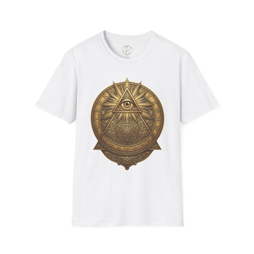 White t-shirt with gold all-seeing eye mandala pyramid graphic