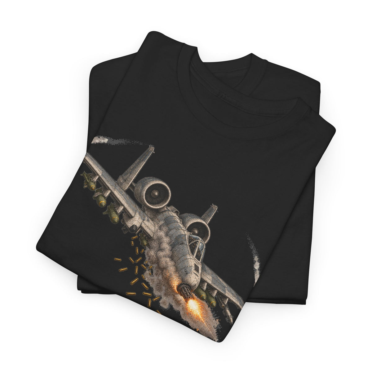 Dark short-sleeve crewneck T-shirt with large jet attack graphic on front.