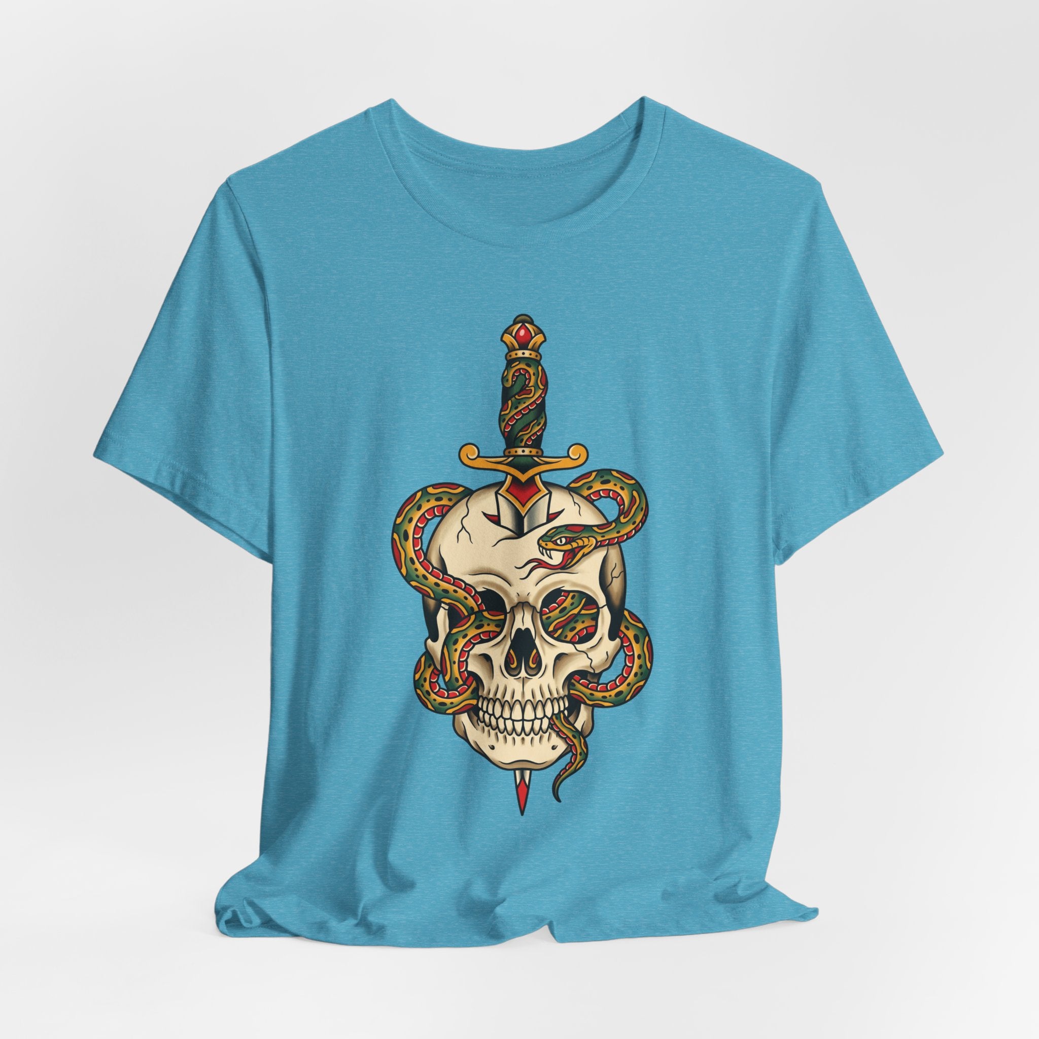 Heather aqua unisex t-shirt with centered snake skull and dagger graphic