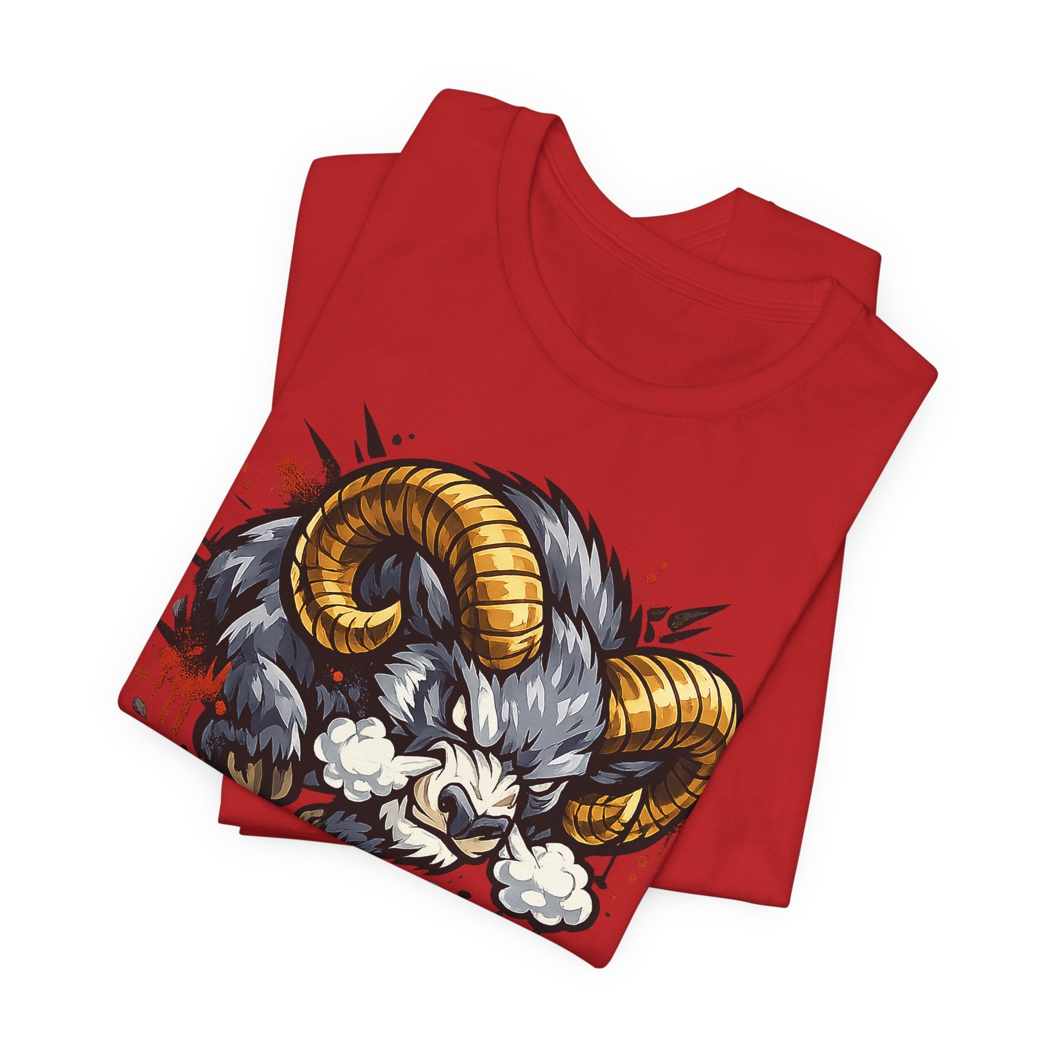 Red t-shirt with charging ram head graphic, gold horns and red splatter accents