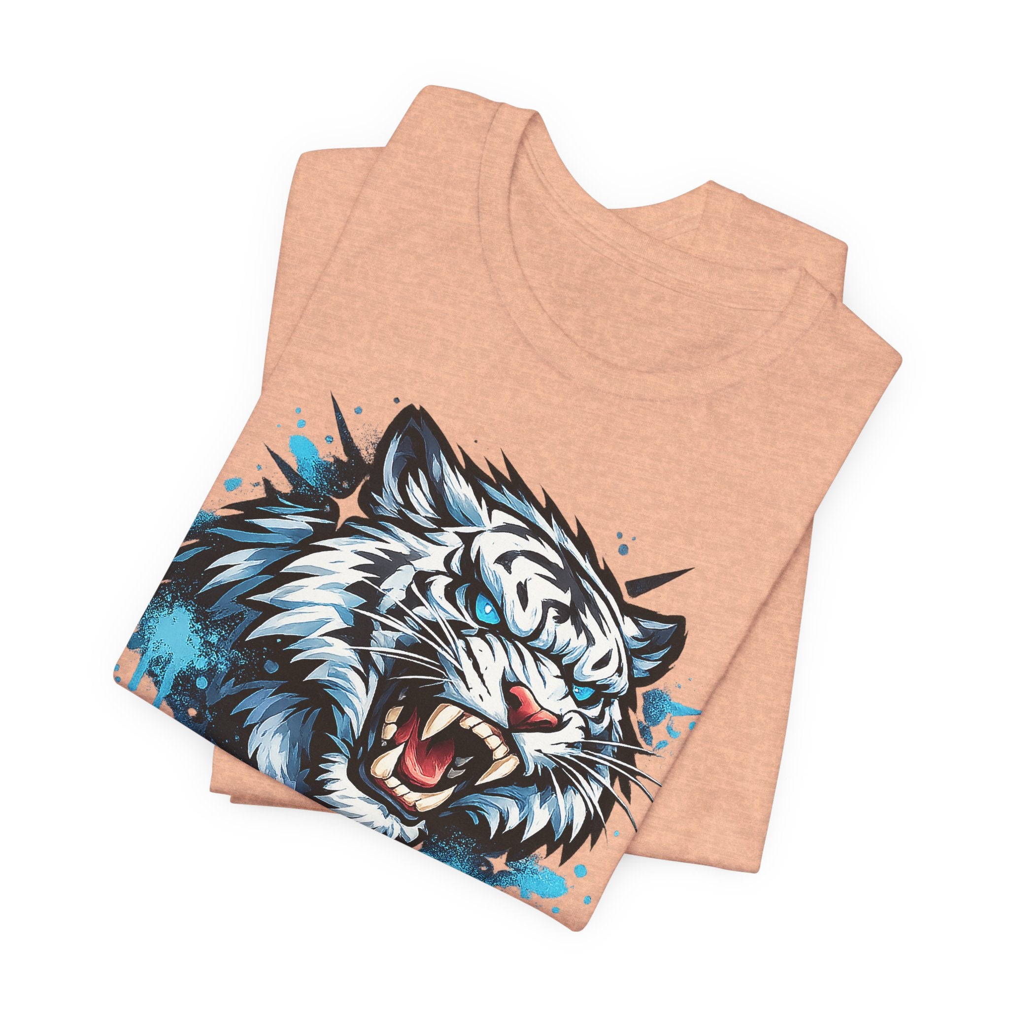 Heather peach t-shirt with roaring tiger head graphic in blue splatter drip style