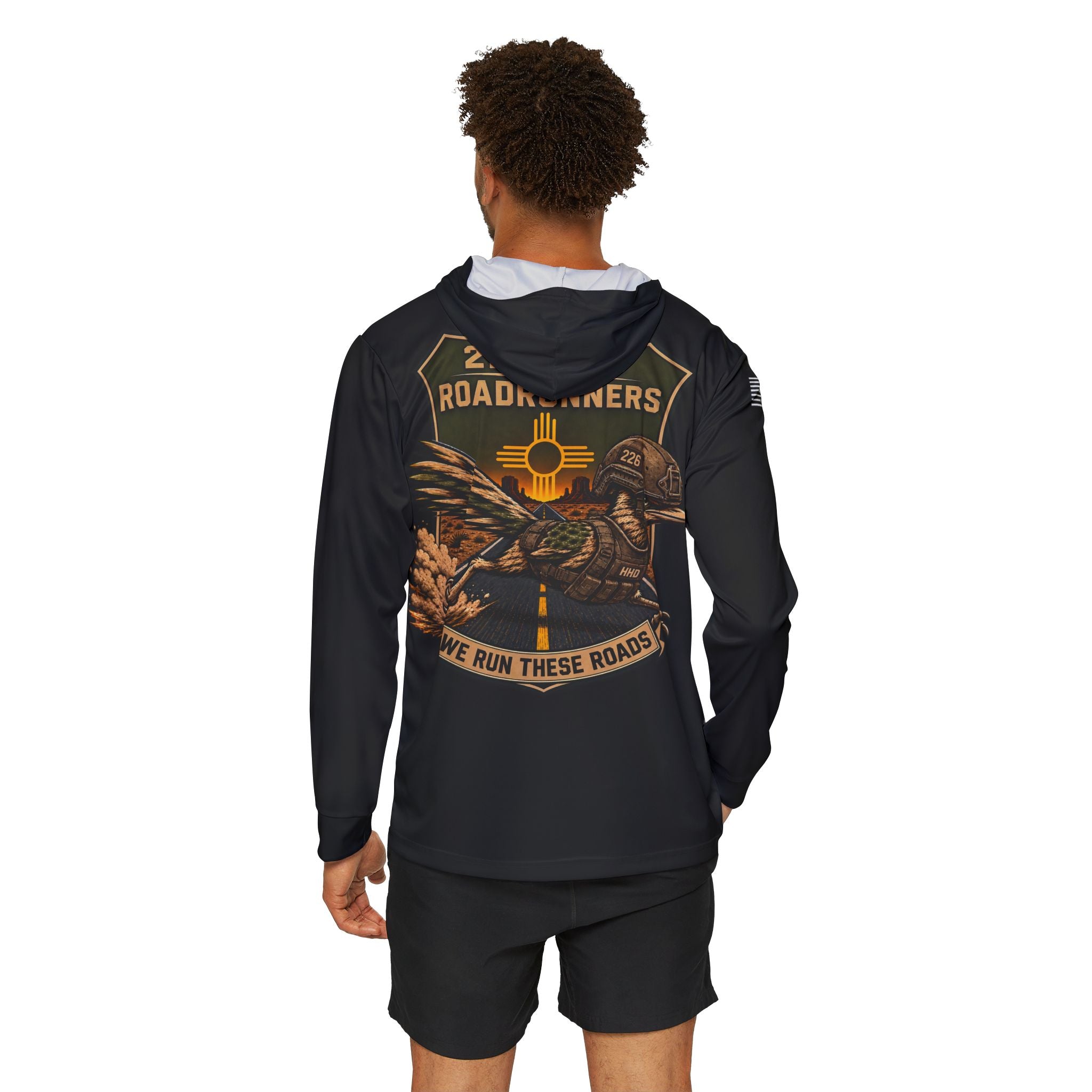 Black pullover hoodie with large back graphic, hood and long sleeves